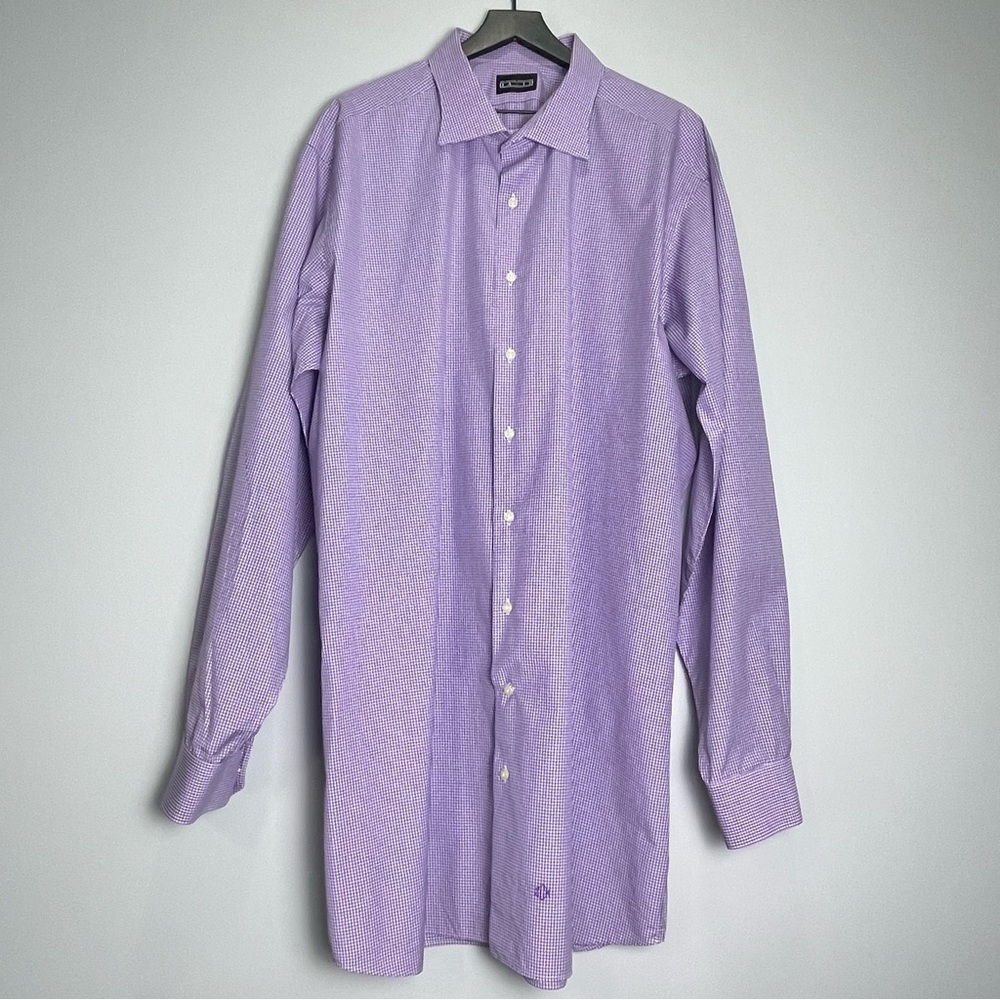 DAVID MASTER Lavender White Checked Men's Dress Shirt Sz. 19.5 Neck/ 40 Sleeve